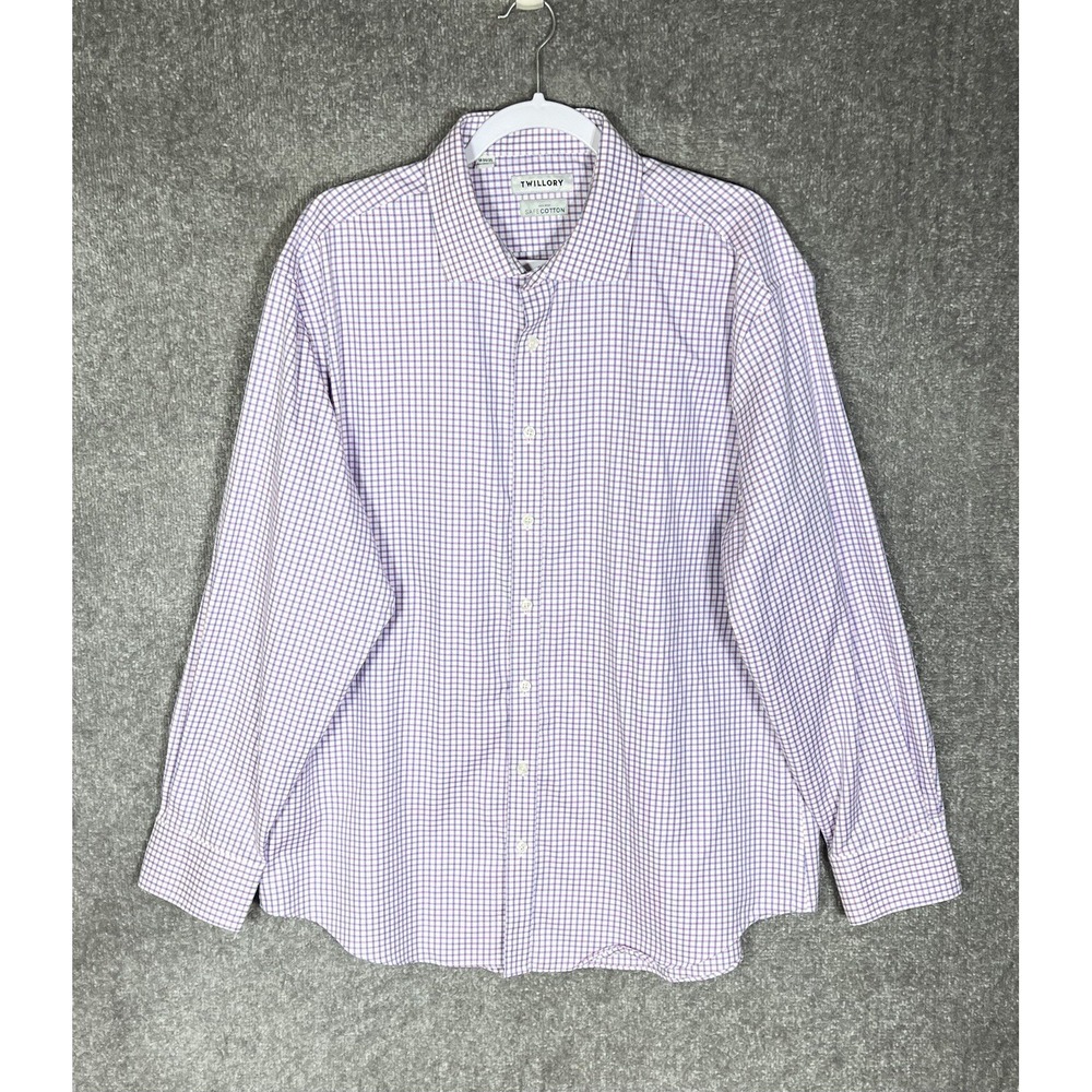 Twillory Pink Blue Gingham Plaid Button Up Shirt Mens Size 18 34/35 Tailored Fit